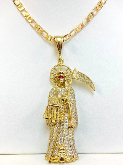 18K Gold Filled Mariner Link Chain Santa Muerte Necklace 24" INCH For Mens