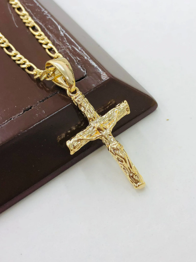 Rustic Cross Necklace for Mens Figaro Chain 36x23mm/Figaro Chain Necklace 24"/Mens Cross Necklace/Cadena y Dije de Cruz Oro para Hombre