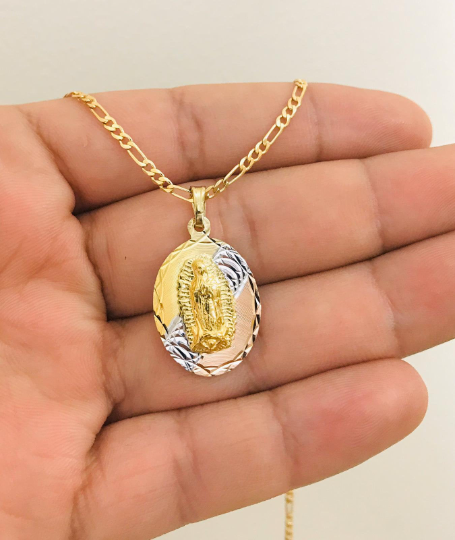 14K Gold Filled Tri-Color Guadalupe Necklace 20" Catholics Pendant 26x18mm , Dije de Guadalupe , Cadena Figaro Link, Regalos Navidad