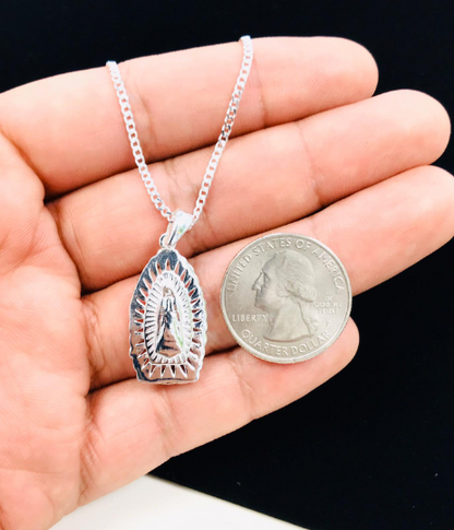 Virgen de Guadalupe Necklace 18” Sterling Silver For Women 28x13mm / Diamond Cut Guadalupe Necklaces / Cadena y Dije de la Guadalupe Plata Pura