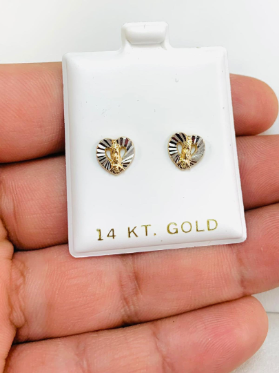 14K Yellow/White Gold Virgen de Guadalupe Heart Baby Earrings Screw Back Two Tone 8x8mm