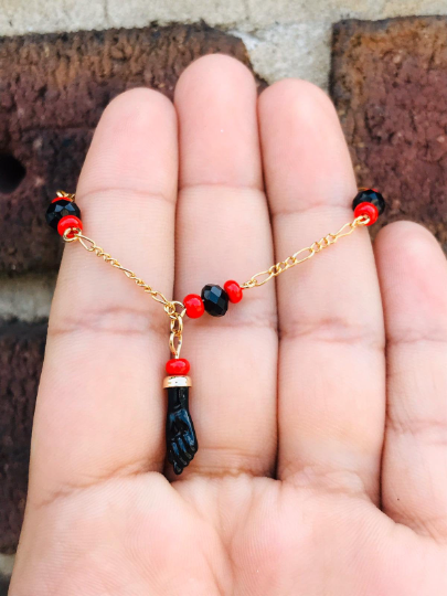 18K Gold Filled Azabache Bracelet Figaro Link 6" Inches / Kids Bracelet / Childrens Jewelry / Pulsera Azabache Para Ninos en Oro Laminado