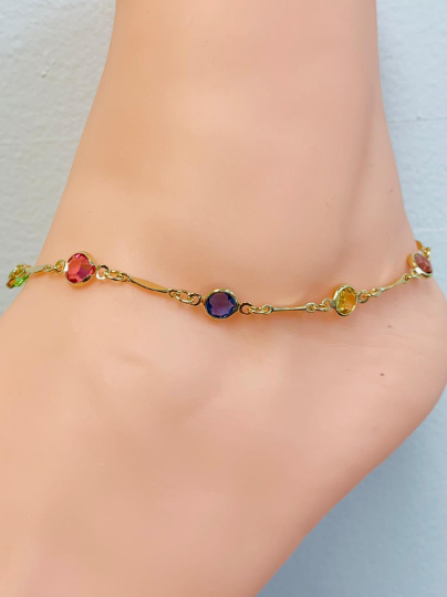 18K Gold Filled Beautiful New Stones Anklet Bracelet 10" With Extension 1.5" / Colorful Anklet / Anklet Bracelet / Tobillera de Pie Para Mujer / Pulsera de Pie Oro Laminado