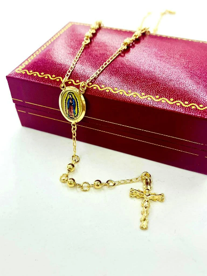 Rosario de la Virgen de Guadalupe 14K Gold Filled Rosary Necklace Cross Pendant