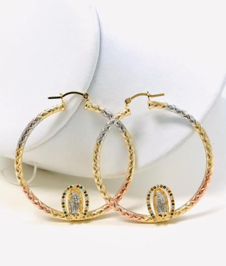 14K Gold Filled Virgen de Guadalupe Hoop Earrings 2x2", CZ Stones Mexican Flag