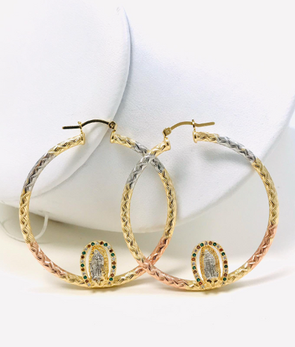 14K Gold Filled Virgen de Guadalupe Hoop Earrings 2x2", CZ Stones Mexican Flag