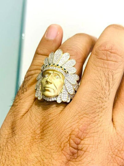 14K Solid Gold 1.40ctw Real Diamond "Native American" Men's Rings #10 Indian Head Ring