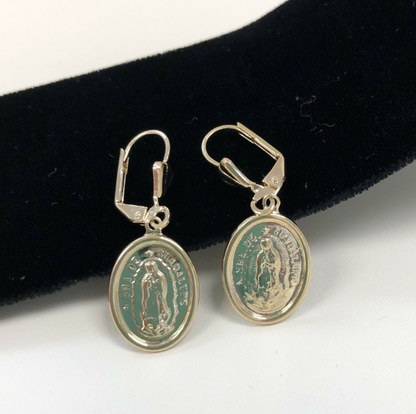 14K Gold Filled Virgen de Guadalupe Dangling Earrings Lever Back Womens Girls