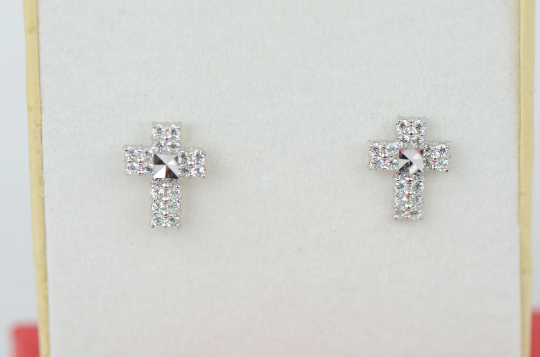 14K Yellow/White Gold CZ Cross Diamond Cut Stud Earrings