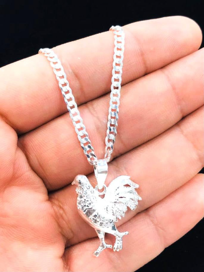 925 Sterling Silver Chicken Rooster Necklace, Rooster Pendant 26x22mm