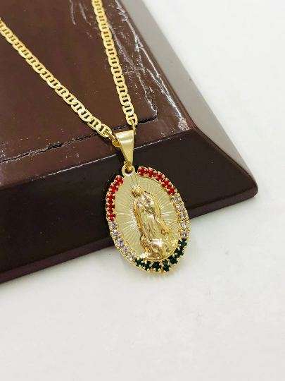 Virgen de Guadalupe Necklace for Womens CZ Mexican Flag Stones 25x15m/ Guadalupe Jewelry / Cadena de la Guadalupe en Oro Laminado Mujer