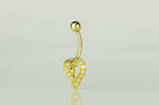 14K Yellow or White Real Gold CZ Dangle Heart Navel Belly Button Ring / Aretes para el Ombligo en Oro Solido Real de Corazón / Gold Body Jewelry / Womens Jewelry Piercing