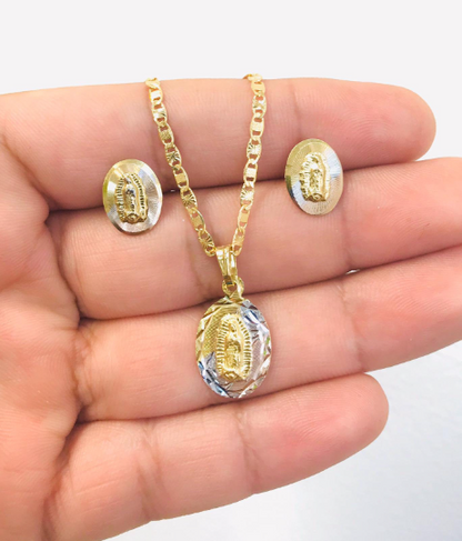 Set Virgen de Guadalupe Necklace Earrings Push Back / Womens Gold Filled Set Guadalupe Necklace / Valentino Link Chain With Guadalupe Pendant / Cadena con Dije y Aretes de la Guadalupe