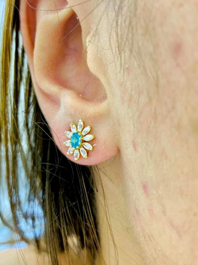 Dainty Birthstones Earrings Flower CZ Turquoise Stones 14K Yellow Gold Stud Earrings 10x10 for Womens Tiny Everyday Earrings Womens Jewelry