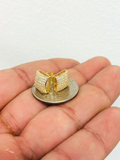 CZ Stud Gold Earrings Push Back / 10K Solid Yellow Gold Womens Earrings 9x9mm