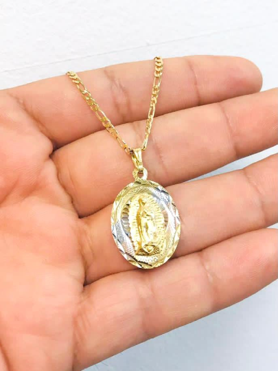 Virgen de Guadalupe Necklace Tri Color Diamond Cut 20x13mm With Figaro Link Chain 20" / 14K Gold Filled Everyday Necklace / Dije de la Guadalupe