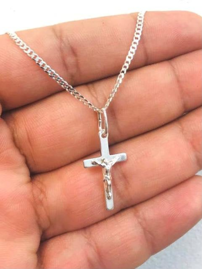 925 Sterling Silver Cross Necklace for Men's Women's Cuban Link Chain 20" / Cross Pendant in Silver 23x13 / Womens Jewelry / Crucifix Necklace in Silver