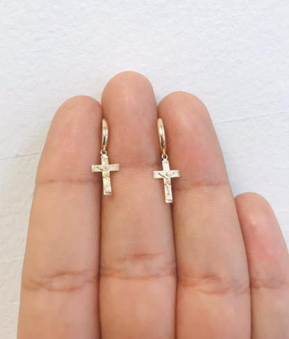 Cross Dangling Earrings / 10K Yellow Gold Jesus Cross Dangling Earrings