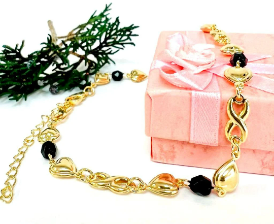 14K Yellow Gold Filled Heart Anklet Bracelet Black Stones 10"/Everyday Anklet Bracelet/Body Jewely/Womens Jewelry/Pulsera de Pie para Mujer