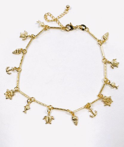 14K Gold Filled Anklet With Sea Charms 10” Plus Extension / Anchor Charms / Anklets / Bracelet / Tobillera de Pie Para Mujer / Pulsera de Pie en Oro Laminado