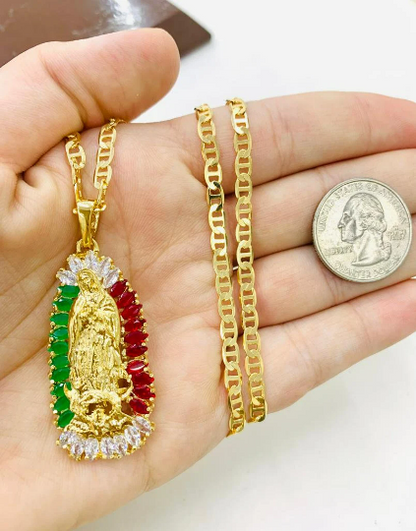 CZ Virgen de Guadalupe Necklace Mexican CZ Stones Pendant 44x20 in Gold Filled Guadalupe Charm Pendant Mariner Link Chain Dije de Guadalupe