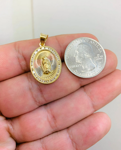 Virgen de Guadalupe Pendant With Stones Around and Diamond Cut Tri-Color Beautifully Made Looks Like Real Gold 24x18mm Medalla de Guadalupe