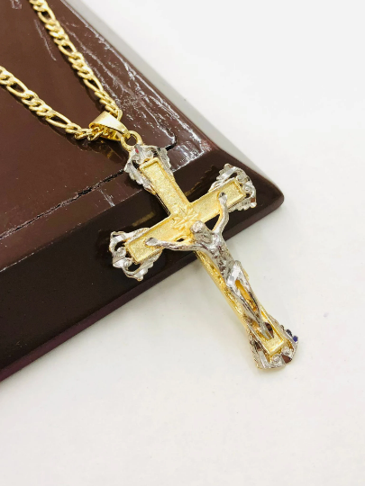 Two Tone Cross Necklace Charm Pendant for Mens 24" / Cross Charm Pendant 2x1.2" / Figaro Chain Necklace 3mm / Cadena de Cruz para Hombre