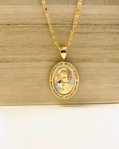 14K Gold Filled Virgin Mary Necklace Set 20", Tri-Color Pendant With CZ Diamond 28x20mm / Everyday Necklace/ Virgen Mary Pendant / Dije de la Virgen Maria