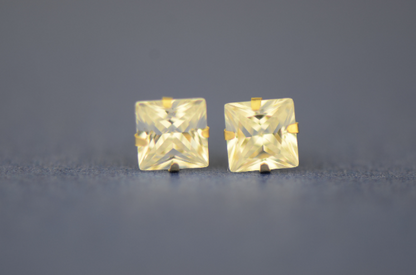 14K Yellow/White Gold Square CZ Princess Cut Stud Earrings for Womens Mens Kids / Everyday Earrings Jewelry / Aretes en Oro Solido Real para Mujer