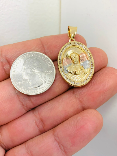 Virgin Mary Pendant CZ Stones for Women's Men's Tri Color Pendant / Dije de la Virgen Maria Oro 28x20mm / Gold Filled Dainty Virgin Pendant / Medalla de la Virgem Maria