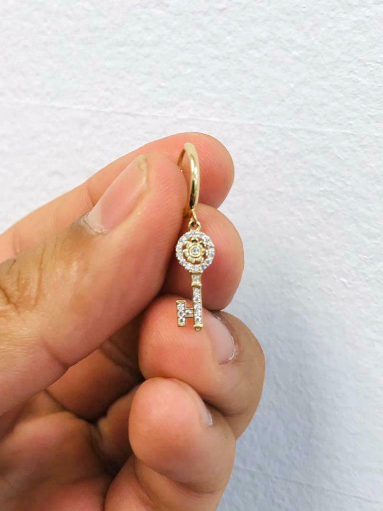 14k Yellow Gold Lock & Key CZ Dangle Drop Earrings 28x18mm