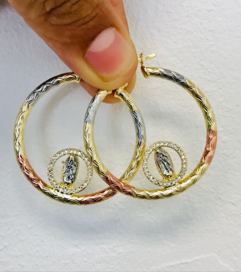 18k Real Gold Filled Tri-Color Virgen de Guadalupe Hoop Earrings 42x38mm