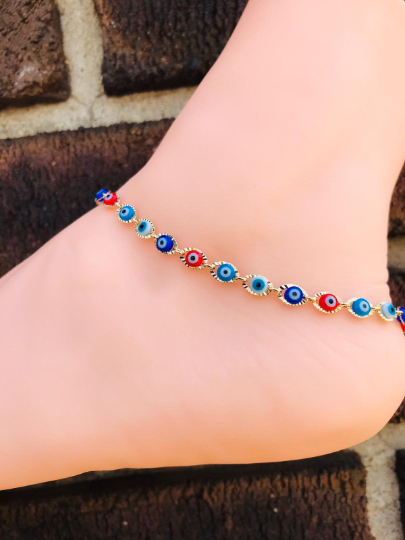 Women's Girls Evil Eye Anklet Bracelet Good Luck & Protection Jewelry Pulsera para el de Pie Mal de Ojo Para Mujer Oro Laminado