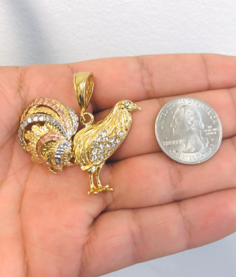 Cadena y Medalla De Oro Para Hombre De Gallo 3 Oros 33x45 18K Gold Filled  Chicken Rooster Pendant Necklace for Mens Womens Mariner Chain 24