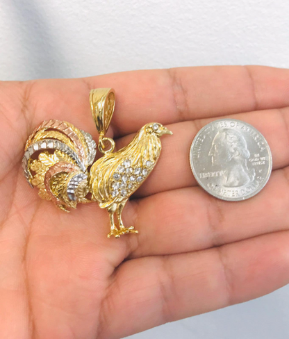 18K Gold Filled Chicken Rooster Necklace 24” Figaro Chain 33x45mm / Chicken Rooster Pendant Jewelry For Mens / Cadena y Dije de Gallo en OroHombre