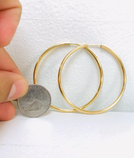 Gold Endless Hoops Earrings 2x2" 14K Solid Yellow Gold Filled / Sleeper Earrings / Argollas Arracadas Oro Laminado / Everyday Earrings