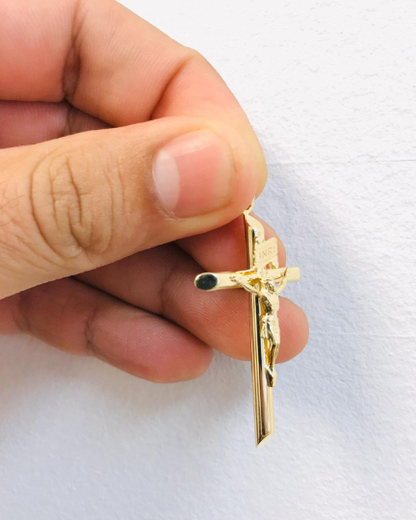 INRI-14K Yellow Gold Classic Cross Pendant With Jesus Christ 44x26mm