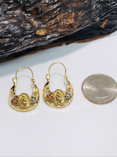 14K Gold Filled Our Lady of Guadalupe Hoop Basket Earrings 3 Color / Argollas de la Virgen de Guadalupe En Oro Laminado / Christmas Gift / Valentines Day Gift