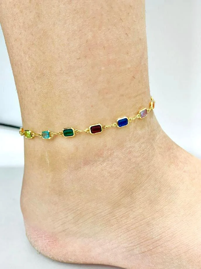 CZ Multi Color Anklet Bracelet 10" for Womens Bracelet for Foot Everyday Jewelry Gold Bracelet Stones Pulsera de Pie para Mujer Oro Laminado