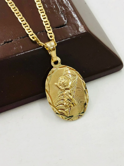 Cadena del Divino Nino en Oro Laminado para Mujer y Hombre/ Cadena Mariner Link con Dije Divino Nino / Baby Jesus Necklace for Womens GF 20"