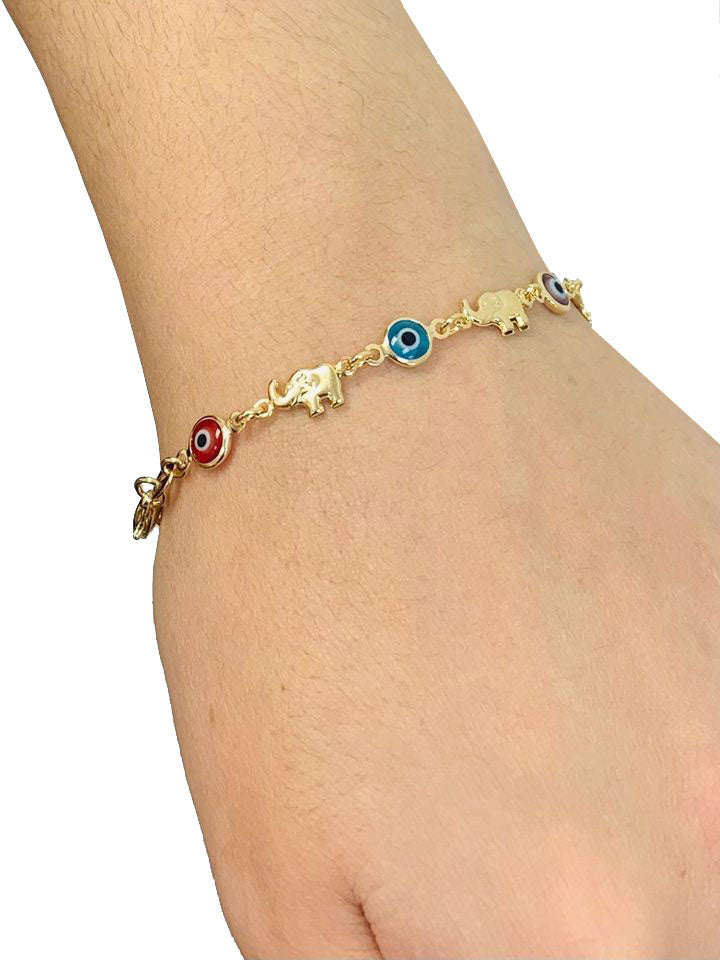 Evil Eye Women's Bracelet 14K Gold Filled / Elephant Bracelet / Evil Eye Bracelet 7.5" / Pulsera Para Mujer Mal de Ojo / Pulsera de Elefante en Oro Laminado / Evil Eye Jewelry / Animals Bracelet