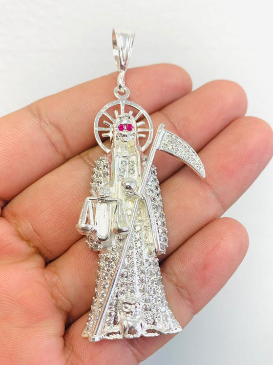 Santa Muerte Pendant 2.6x1.3” INCH, Sterling Silver CZ Santa Murte Pendant, Mexican Pendant