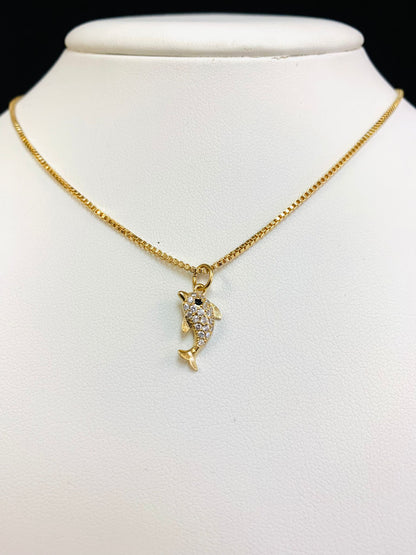 CZ Minimalist Dolphin Pendant Charm/ Gold Filled Dolphin Necklace for Kids / CZ Dolphin Necklace for Womens Jewelry / Cadena y Dije del Delfín en Oro Laminado