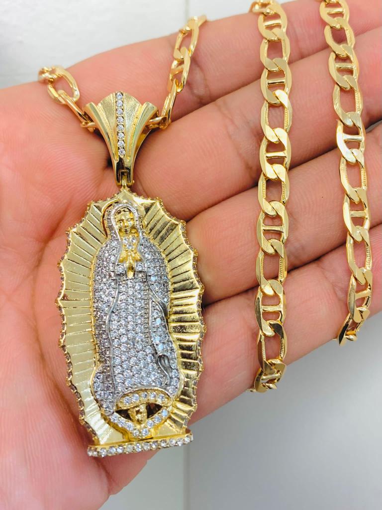 18K Gold Filled Virgen de Guadalupe Necklace Mariner Link Chain 24" 20g 6m