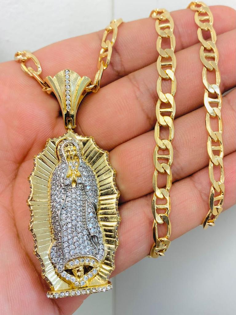 18K Gold Filled Virgen de Guadalupe Necklace Mariner Link Chain 24" 20g 6m