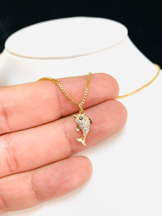 CZ Minimalist Dolphin Pendant Charm/ Gold Filled Dolphin Necklace for Kids / CZ Dolphin Necklace for Womens Jewelry / Cadena y Dije del Delfín en Oro Laminado