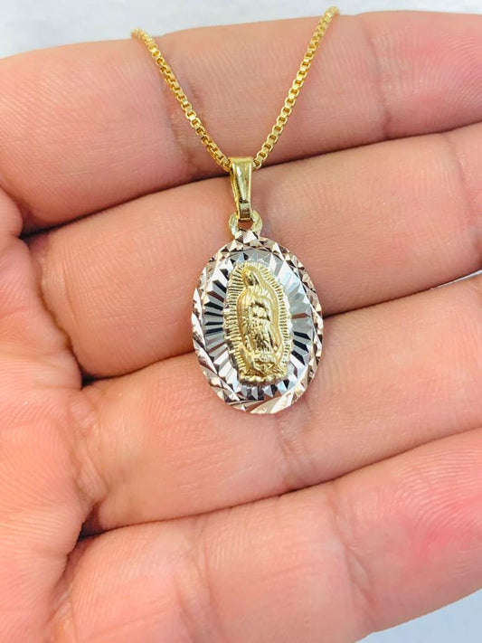 18K Gold Filled Tri Color Guadalupe Pendant Necklace Box Link 20x13mm 18" INCH