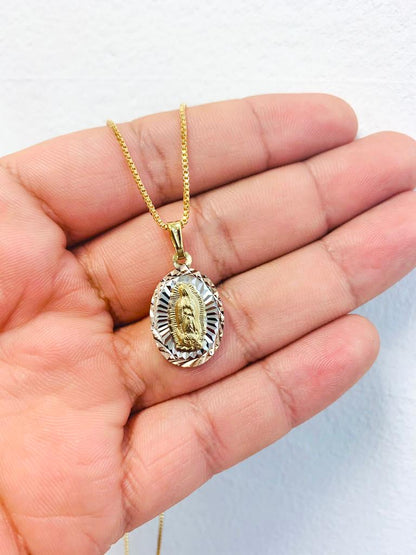 18K Gold Filled Tri Color Guadalupe Pendant Necklace Box Link 20x13mm 18" INCH