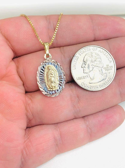 18K Gold Filled TriColor Guadalupe Pendant Necklace Box Link 20x13mm 20" INCH