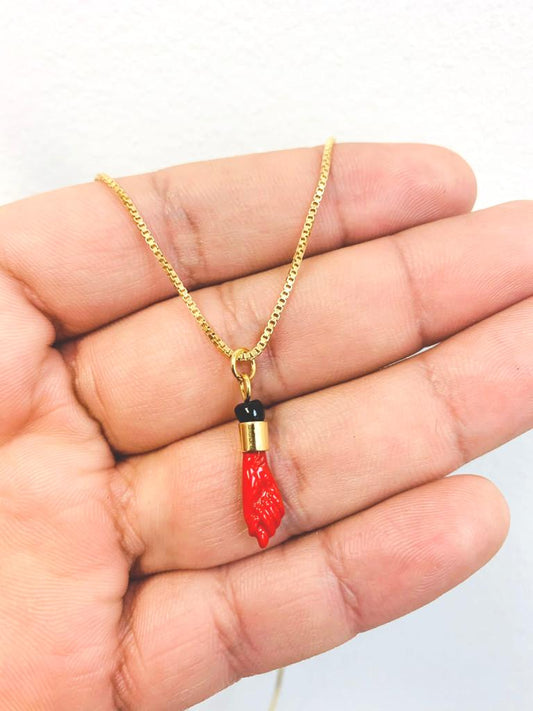 18K Gold Filled Red Azabache Pendant Necklace Box Link Good Luck 18" for Womens / Cadena y Dije de Azabache para la Proteccion en Oro Laminado